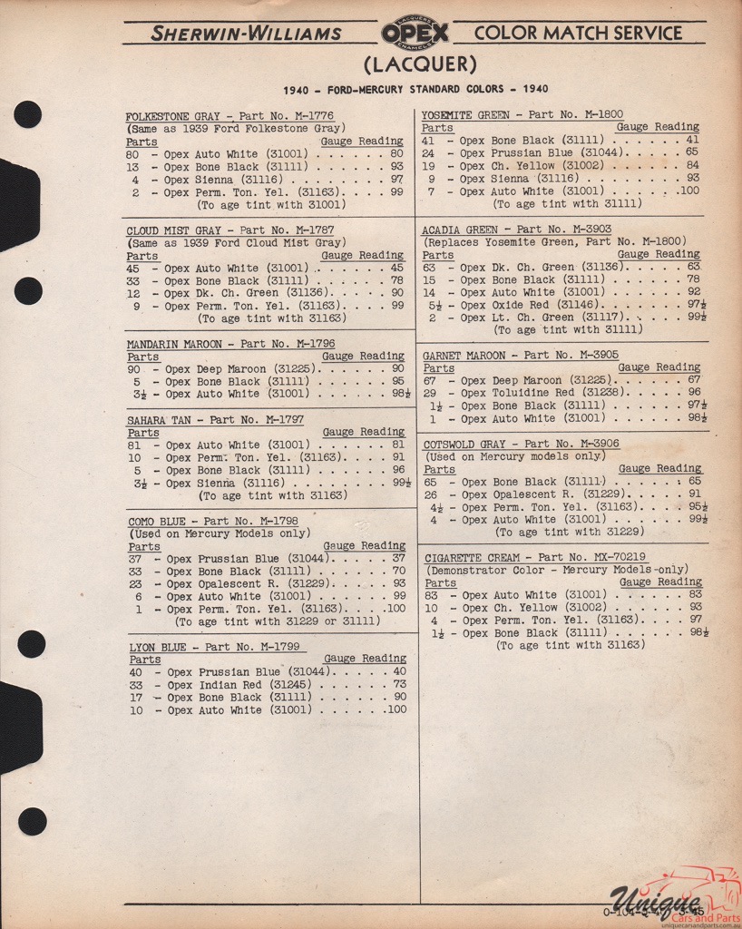 1940 Ford Paint Charts Sherwin-Williams 2